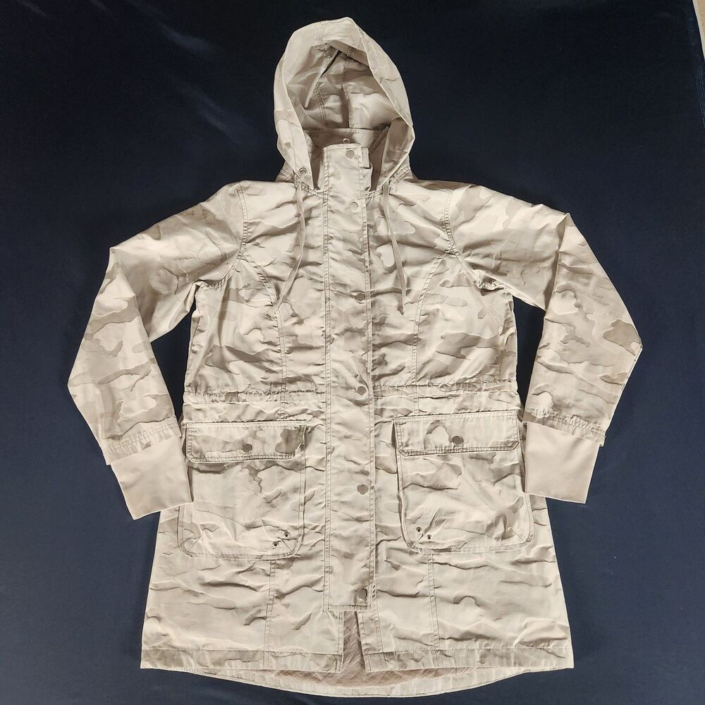 Women's Rain Jacket Large 12-14 Grey Camo Cinch Waist Hand Covers Athletic Works